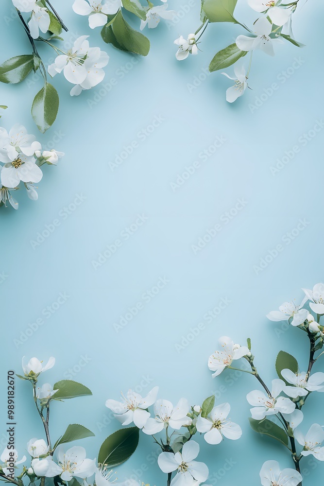 Wall mural minimalist floral frame with white blossoms on blue background