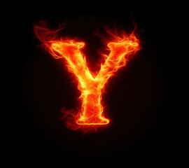 Letter Y in fire effect on a dark background, fiery text
