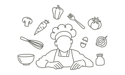Chef is shown with a variety of kitchen utensils and ingredients, including carrots, tomatoes, and onions. Hand drawn vector illustration. Black and white.