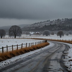 A snowstorm transitioning into freezing rain over a rural landscape, creating a mix of snow and rain that coats everything in a glistening, icy sheen