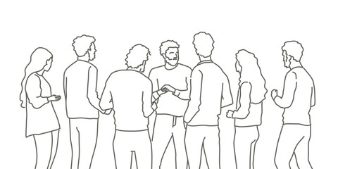 Group of people are standing together. Scene is casual and social, as the people are gathered together and interacting with each other. Hand drawn vector illustration. Black and white.