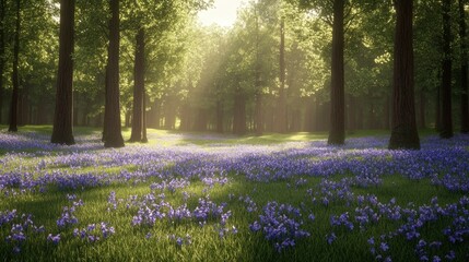A peaceful forest clearing with soft sunlight streaming through the trees, wildflowers scattered across the ground