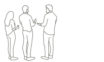 Three people standing together. Scene is casual and friendly, as the people are engaged in conversation. Hand drawn vector illustration. Black and white.