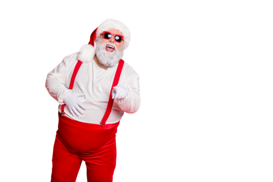 Photo of cheerful glad modern cool in headwear emotional loudly laughing at you saying humorous joke grandfather christmastime tradition isolated bright background