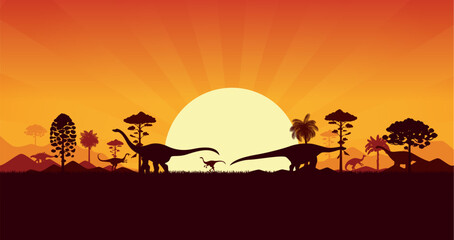 Dinosaurs silhouettes on sunset prehistoric landscape with palm trees, hills and plants. Vector serene background with dino species shadows roaming peacefully in front of large sun in orange dusk sky © Vector Tradition