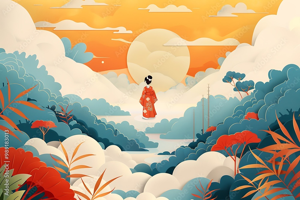 Poster dynamic card celebrating japanese festivals featuring minimalist 2d design with a wide blank space o