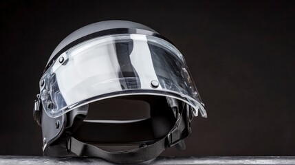 Fototapeta premium A police riot helmet with a clear visor, sitting on a barricade, cold streetlight