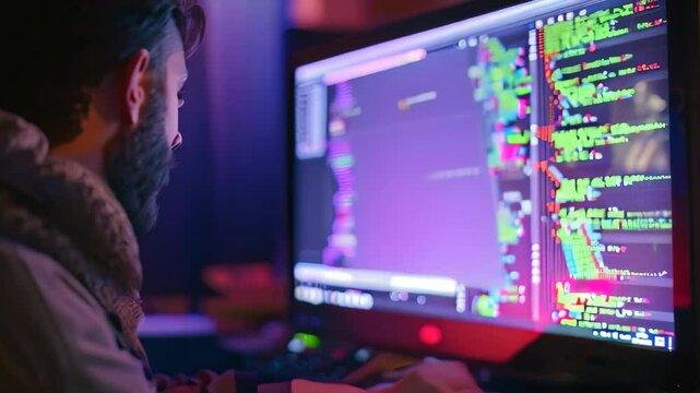 A young student sits in front of a computer screen, deeply engrossed in coding, A student experimenting with coding on a computer, with lines of code and digital graphics on the screen