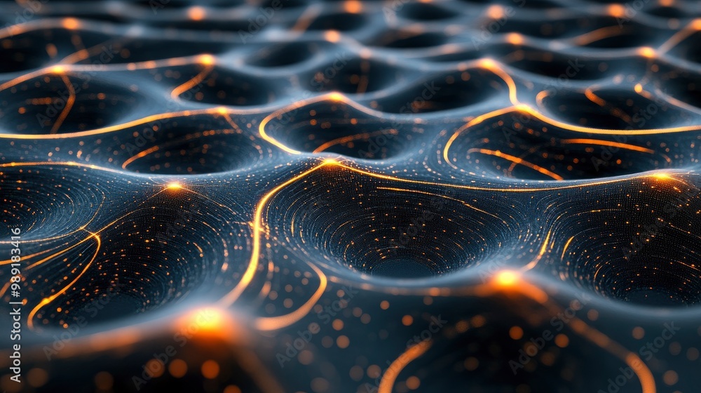 Poster a quantum internet network visualized as glowing entangled particles, spanning across a digital land