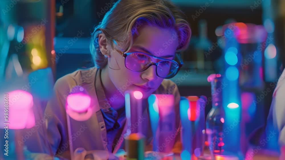Poster a student performs a science experiment in a lab, focusing intently on the task at hand, a student c