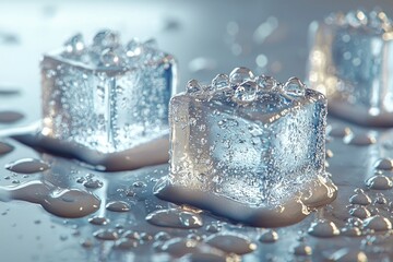 Close-up of Ice Cubes Melting and Droplets on a Gray Surface