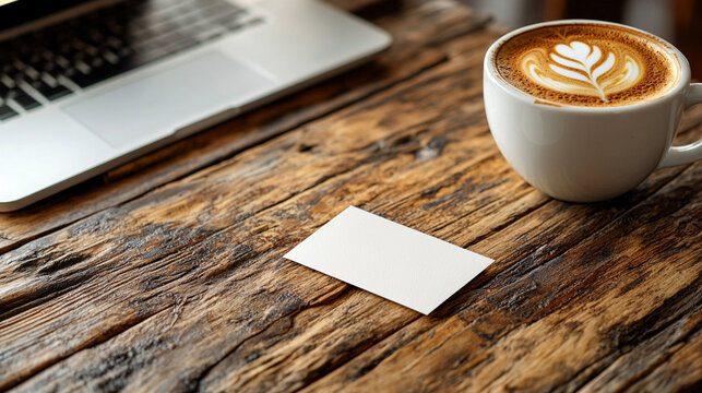 wide close-up photograph focusing on an empty white paper business card mockup placed beside a premium white cappuccino coffee cup on a rustic - Powered by Adobe