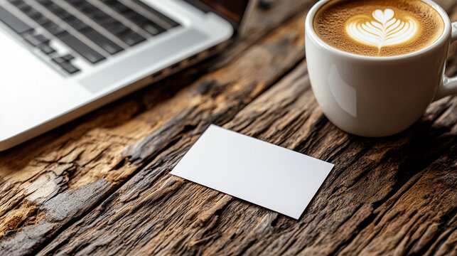 wide close-up photograph focusing on an empty white paper business card mockup placed beside a premium white cappuccino coffee cup on a rustic