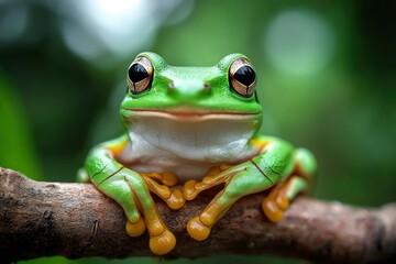 Naklejka premium A Close-Up Portrait of a Green Tree Frog Perched on a Branch