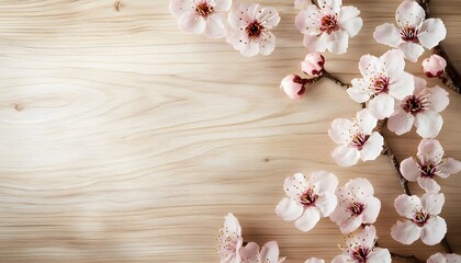 Cherry Blossom Branch on Light Wood Background