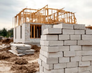 House under construction with concrete blocks being stacked, forming the main walls, concrete block walls, solid structure