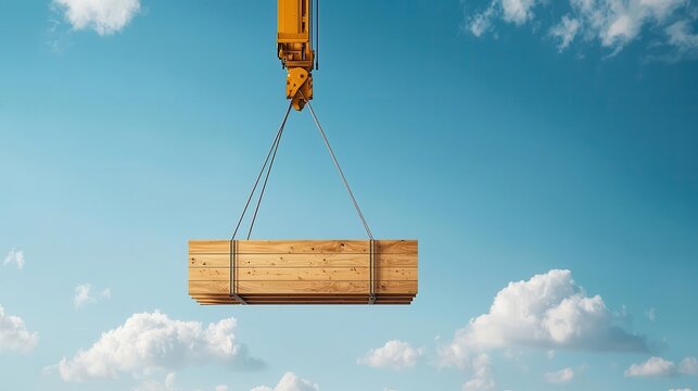 Home under construction with a crane lifting roof trusses into place, roof installation, structural work