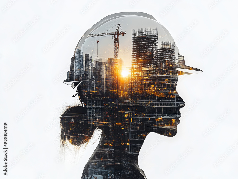 Poster a construction workers profile is creatively fused with city skyline and cranes, symbolizing connect