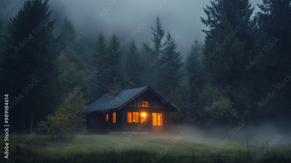 Poster a rustic cabin sits quietly in fog, surrounded by towering trees, creating serene and mysterious atm
