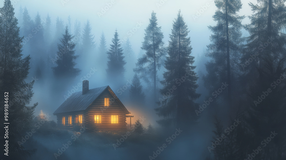 Poster a rustic cabin sits quietly in fog, surrounded by towering trees, creating serene and mysterious atm