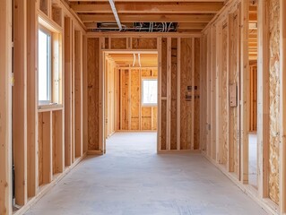 Home under construction with electricians installing wiring, walls partially open, electrical work, internal systems