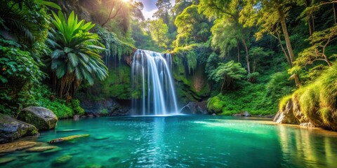 Obraz premium Tranquil waterfall in lush tropical jungle setting with crystal clear pool below
