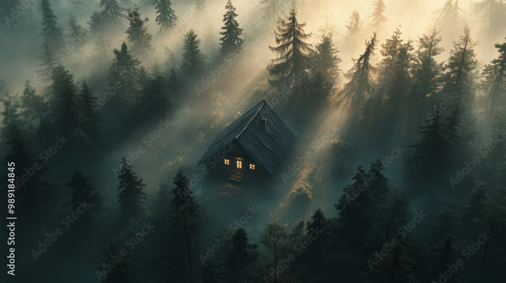 Poster aerial view of rustic cabin surrounded by dense forest, illuminated by soft sunlight filtering throu