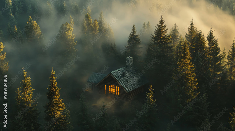 Poster a serene aerial view of rustic cabin nestled in dense forest, surrounded by towering evergreen trees