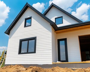 Obraz premium House under construction with siding being painted, workers with brushes and ladders, painting work, finishing touch