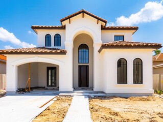 House under construction with exterior stucco being applied, creating a smooth finish, stucco application, exterior texture
