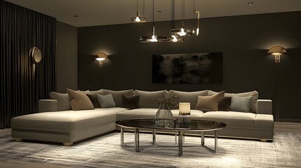 Sophisticated contemporary living room with a spacious L shaped sectional sleek metal and glass coffee table and elegant statement lighting fixtures creating a chic and luxurious ambiance