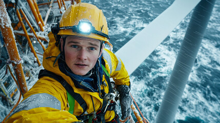 Worker on wind turbine in stormy weather