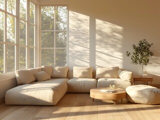 A serene and inviting modern living room with comfortable minimalist furniture large windows allowing abundant natural light and a warm harmonious ambiance for relaxation and leisure