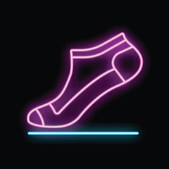 Vibrant neon sign depicting a single sock standing upright on a line, glowing against a dark background