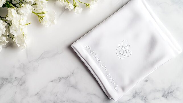 A silk handkerchief with embroidered initials, lying on a marble table, soft afternoon light