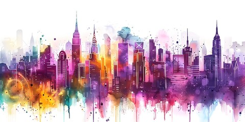 Fototapeta premium A vibrant, watercolor depiction of a city skyline, featuring tall buildings and a colorful blend of hues, symbolizing urban life and creativity.