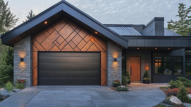 modern garage door with sleek geometric pattern combining brushed metal and warm wood elements for sophisticated curb appeal