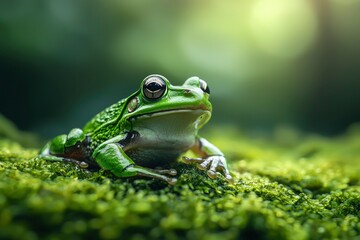 Obraz premium A Green Tree Frog Perched on Lush Moss