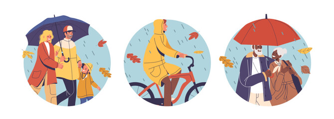 Isolated Vector Round Icons Or Avatars With Cartoon Characters Embracing Rainy Weather With Umbrellas And Smiling Faces