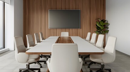 A modern conference room featuring a long table, ergonomic chairs, a large screen, and natural light from windows with wooden accents.