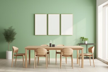 Fototapeta premium Minimalist Wooden Dining Room with Green Wall