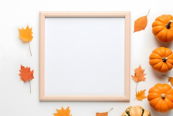 Fototapeta premium Empty Frame Mockup with Pumpkins & Fall Leaves