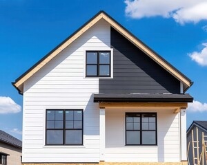 House under construction with siding being painted, workers with brushes and ladders, painting work, finishing touch