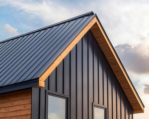 Fototapeta premium Modern home under construction with a metal roof being installed, reflective surfaces, metal roofing, contemporary design