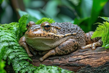 Fototapeta premium A Close-Up of a Brown and Black Frog Resting on a Tree Branch with Green Ferns