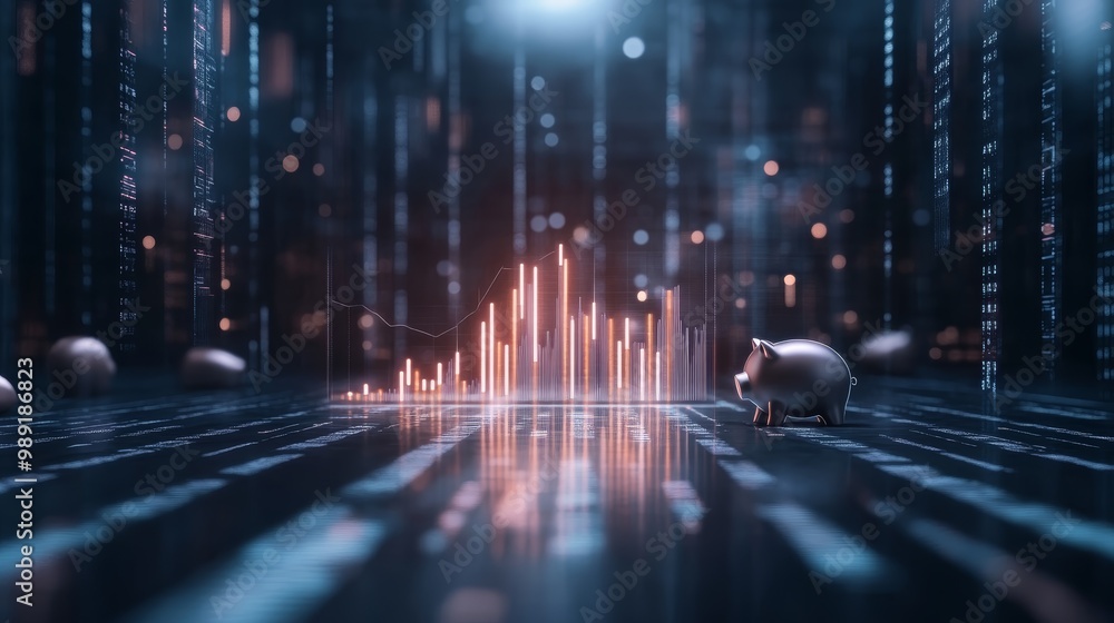 Poster a futuristic digital scene depicting data analysis with a piggy bank and glowing graphs, symbolizing