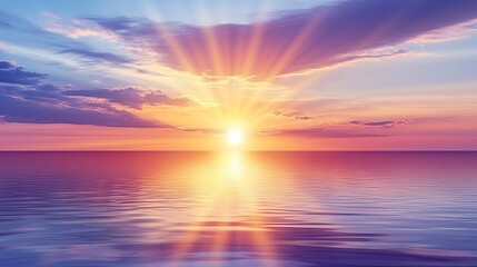 Obraz premium A soft pastel-colored sunset over a calm ocean, the water reflecting the warm hues of the sky