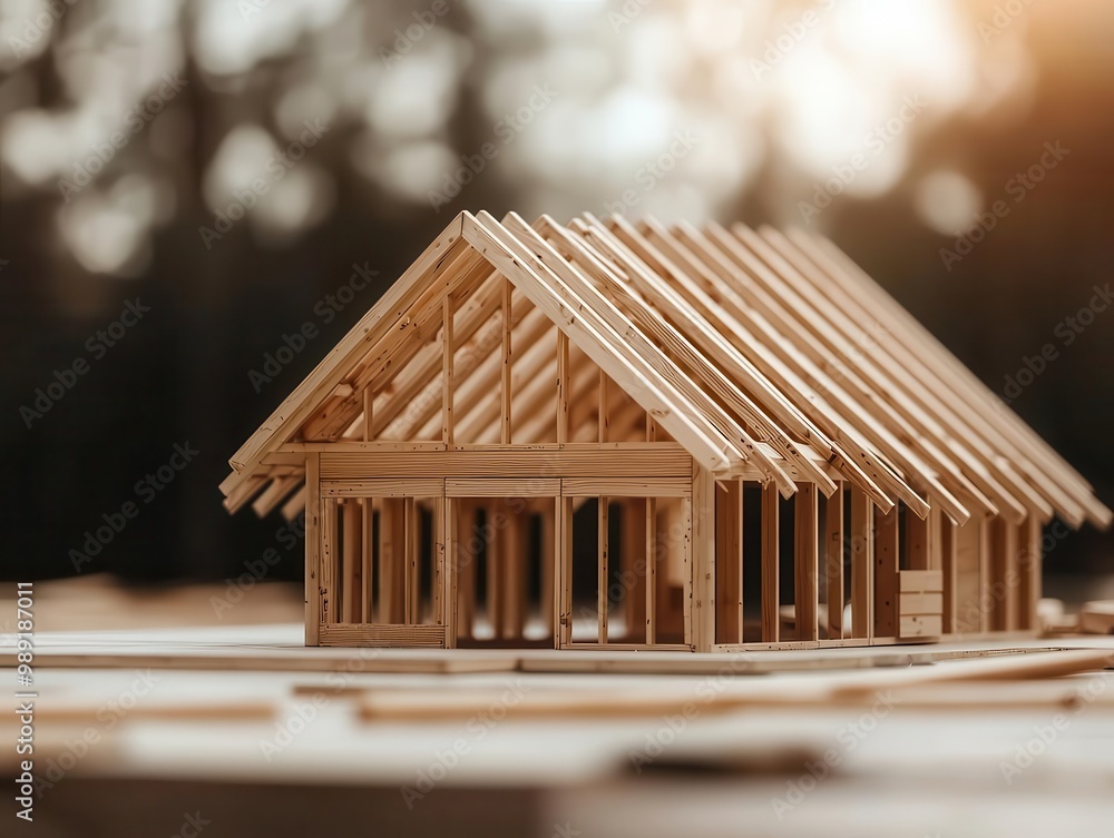 Wall mural wooden home under construction with roof tiles being placed, roofing work, protective layer