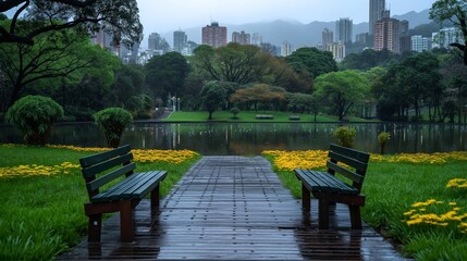 Urban retreat green city park benches facing each other, rain soaked wooden pathway in garden with yellow flowers next to tranquil pond