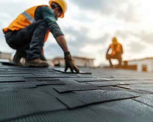 Home with workers installing the roof underlayment, securing waterproof barriers, roof underlayment, protection